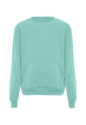 Lichtgroene sweatshirt met lange mouwen, ronde hals en een voorvak in kangoeroestijl, getoond op een effen witte achtergrond.