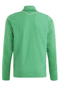 Polo a maniche lunghe verde con un motivo testurizzato, piping bianco lungo il colletto e un design di colletto classico.