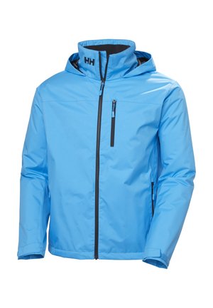 Blauwe waterdichte jas met capuchon, rits aan de voorkant en borstzak. Gladde textuur met een contrasterende zwarte voering en subtiele branding op de kraag.