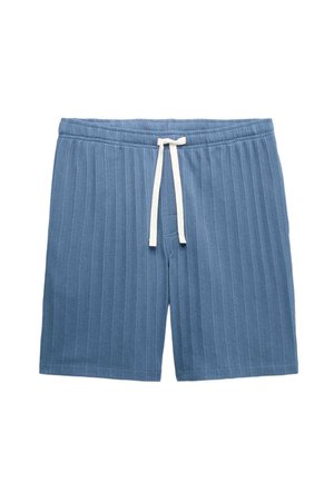 Niebieskie prążkowane szorty dzianinowe z białym sznurkiem w elastycznym pasie, ułożone na płasko na białym tle.