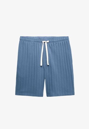 Niebieskie prążkowane szorty dzianinowe z białym sznurkiem w elastycznym pasie, ułożone na płasko na białym tle.