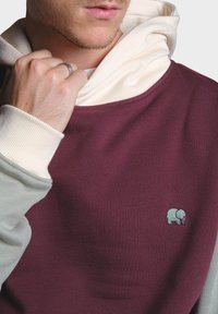 Bordová a svetlá béžová mikina s klokanním vreckom. Obsahuje vyšívaný zelený detail slona na hrudi. Vyrobená z mäkkej tkaniny.