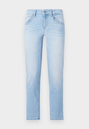 Light blue denim jeans with a straight-leg cut, five pockets, and subtle fading. Features a metal button closure and belt loops.