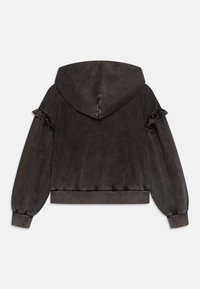 Felpa con cappuccio grigio scuro con dettagli arricciati sulle maniche, texture morbida, vestibilità comoda e polsini e orlo a coste.