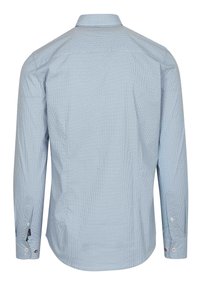 Langärmelig overhemd in lichtblauw met een klein geometrisch patroon. Heeft een klassieke kraag en knopenmanchetten. Gladde stoftextuur.