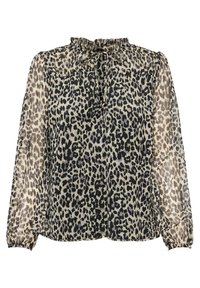 Blouse transparente avec un col montant à volants, manches longues, et un motif léopard noir et beige. Tissu léger avec poignets élastiqués.