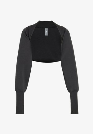 Felpa nera corta con maniche lunghe, realizzata in tessuto morbido. Presenta un girocollo e un'etichetta sul retro. Design semplice e lineare.