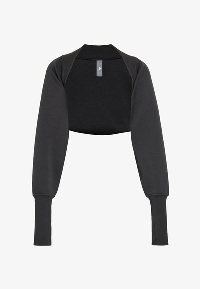 Sweat-shirt court noir à manches longues, en tissu doux. Dispose d'un col rond et d'une étiquette à l'arrière. Design simple et épuré.