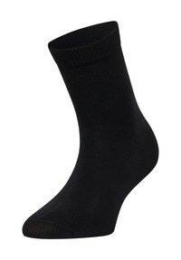 Sort sok, mid-calf længde, ribbet tekstur, sømløs tå, ensfarvet, lavet af strækbart materiale. Passer til forskellige fodtøj.