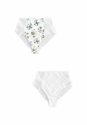 Witte hoogslungelige slips met een bloemenprint aan de voorkant, kantafwerking aan de zijkanten en een gladde achterkant. De tweede paar is geheel wit.