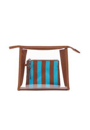 Przezroczysta prostokątna brązowa saszetka na zamek z mniejszą saszetką na zamek z pionowymi turkusowymi i brązowymi paskami.