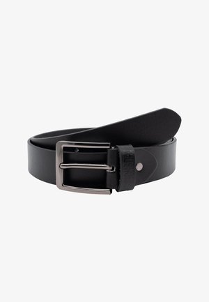 Cinturón de cuero negro enrollado con hebilla metálica rectangular plateada y presilla de cuero con el nombre de la marca en relieve.