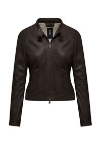 Giubbotto in pelle marrone con zip frontale, colletto alla coreana e due tasche laterali. Superficie testurizzata e design aderente che definiscono la struttura.