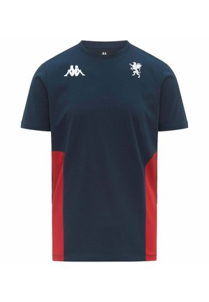 T-shirt de sport bleu marine à manches courtes avec panneaux latéraux rouges, logo blanc représentant deux figures assises sur le côté gauche de la poitrine, et emblème blanc de griffon sur le côté droit de la poitrine.