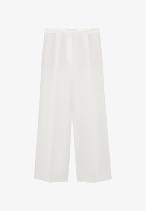 Bele široke hlače iz lahkega materiala z gladko teksturo, ki vključujejo subtilne plise in prilagojen pas.
