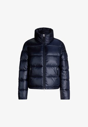 Navy blue puffer jacket with a high collar, horizontal quilted pattern, front zipper closure, and side pockets. Made from shiny, lightweight material.