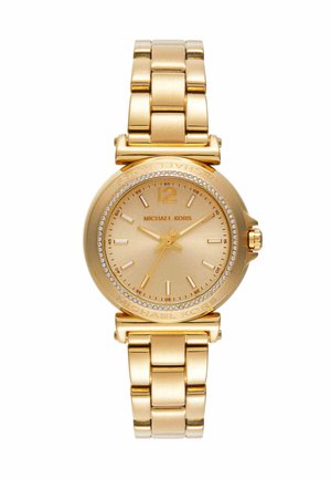 Goudkleurig Michael Kors polshorloge met ronde wijzerplaat, kristallen lunette, gouden uurmarkeringen en metalen schakelarmband.