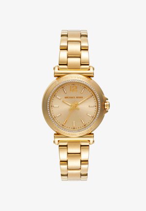 Goudkleurig Michael Kors polshorloge met ronde wijzerplaat, kristallen lunette, gouden uurmarkeringen en metalen schakelarmband.