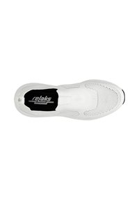 Weiße Slipper-Schuhe mit einem atmungsaktiven Mesh-Obermaterial, runder Zehenform, strukturierten Oberflächen und einer schwarzen Innensohle mit Markenlogo.