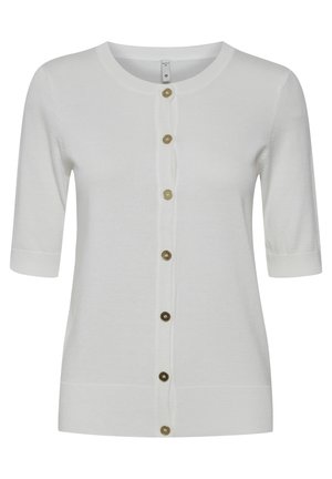 Cárdigan blanco hecho de una tela suave, con mangas cortas, un escote redondo y siete botones dorados en el frente. Textura suave.