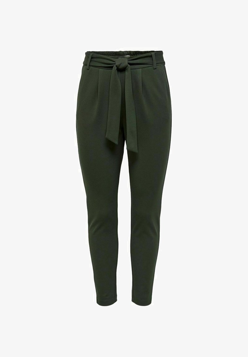 Pantalon fuselé vert foncé avec une taille haute élastique et une ceinture assortie en tissu nouée à l'avant.