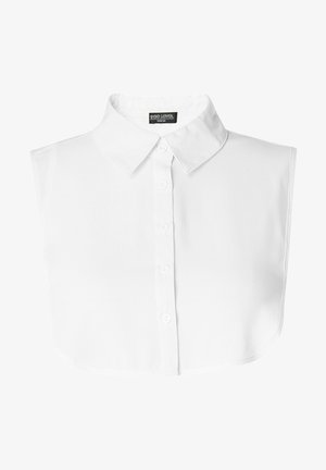 White sleeveless blouse with a classic collar and button front closure. Smooth texture with rounded hem, designed for layering.