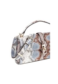Borsa a tracolla con stampa serpente in tonalità di blu, grigio e marrone. Presenta un corpo strutturato, tracolla regolabile e dettagli in hardware dorato.
