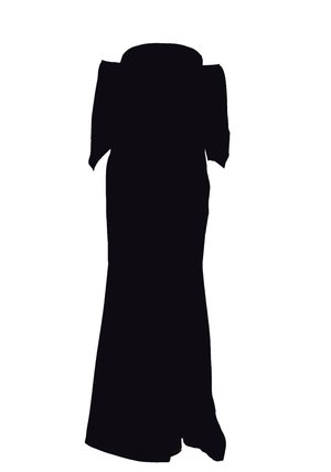 Rochie de seară neagră cu un corset ajustat și fustă fluidă. Are mâneci decupate și un design până la podea. Textură netedă.
