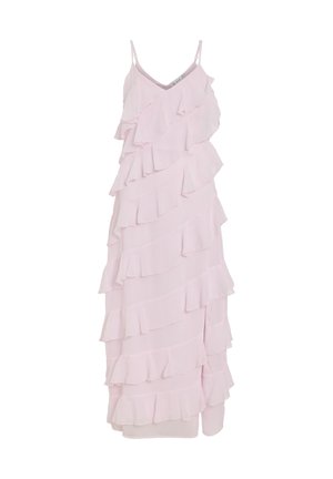 Rosa kjole med lagdelte volanger, spaghettistrekk og V-hals. Stoffet ser lett og teksturert ut, med et mykt, flytende design.