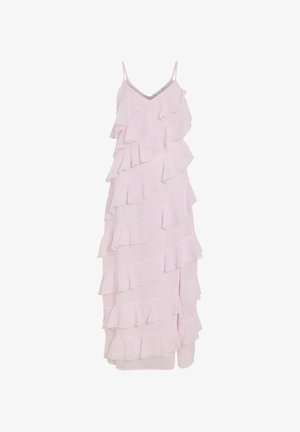 Pink dress with layered ruffles, spaghetti straps, and a V-neck. Fabric appears lightweight and textured, with soft, flowing design.