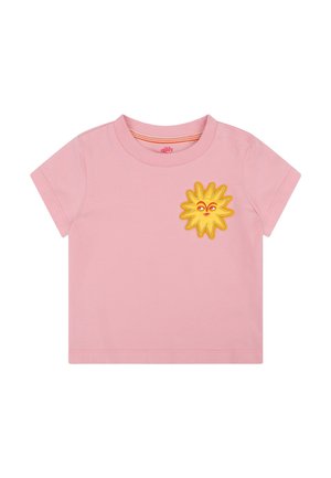 Roze katoenen T-shirt met een ronde hals en korte mouwen. Heeft een geel zonnetje met een gezichtje, geborduurd op de borst.