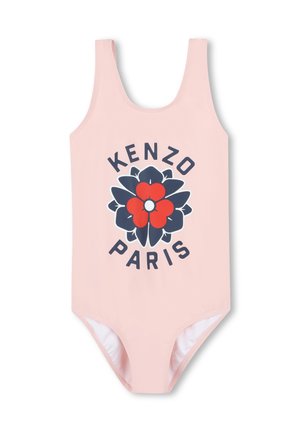Maillot de bain une pièce rose avec un motif floral et le texte "KENZO PARIS" en navy. Design sans manches avec une texture lisse et douce.
