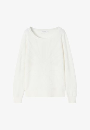 Bijela pletena majica s dugim rukavima, okruglim izrezom i reljefnim cvjetnim uzorkom. Mekana tkanina sa opuštenim krojem.