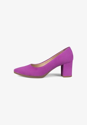 Zapato de tacón para mujer en gamuza morada, con tacón ancho y punta puntiaguda, mostrado en perfil lateral sobre un fondo blanco.