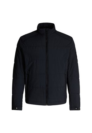 Schwarze gepolsterte Jacke mit hohem Kragen, durchgehendem Reißverschluss und zwei seitlichen Taschen. Verfügt über gestickte Akzente und Druckknopfmanschetten.