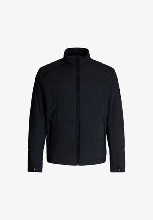 Schwarze gepolsterte Jacke mit hohem Kragen, durchgehendem Reißverschluss und zwei seitlichen Taschen. Verfügt über gestickte Akzente und Druckknopfmanschetten.