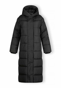 Pikk must enteljakate puffer-jakk, kapuutsiga, nööpidega esitasku sulgemine ja pikad varrukad.