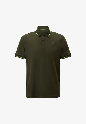 Olive green polo shirt with black buttons, short sleeves, and contrasting lime green stripes on the collar and cuffs. Brand logo on chest.