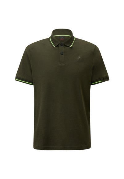 Olive green polo shirt with black buttons, short sleeves, and contrasting lime green stripes on the collar and cuffs. Brand logo on chest.
