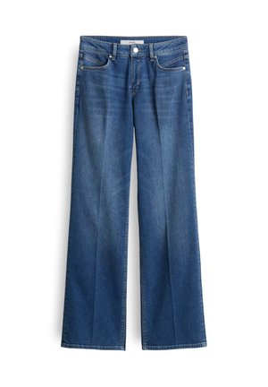 Wide-leg jeans in medium blue denim, featuring a classic five-pocket design, subtle fading, and contrasting stitching along the seams.