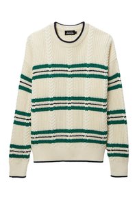 Pull en maille torsadée crème avec des rayures vertes et noires, poignets et ourlet côtelés, doté d'un col rond et d'un tissu texturé.