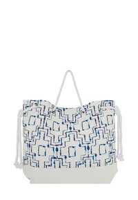 Borsa a tracolla realizzata in tessuto resistente; sfondo bianco con motivo geometrico blu; manici morbidi; grande capacità; fondo rinforzato.