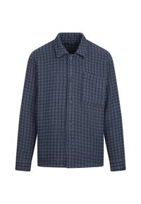 Skjorte med knappelukking i et teksturert mørkeblått stoff med et rutenettmønster, krage, enkelt brystlomme og lange ermer.