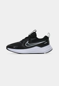 Black and white Nike running shoe with mesh upper, lace-up closure, pull tabs, and cushioned white sole on neutral background.