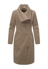 Beige Wolle-Mischungsjacke mit breitem Schalkragen, Reißverschluss und langen Ärmeln. Besitzt eine elegante Silhouette und ein Logo-Detail am Ärmel.