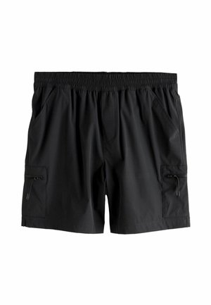 Schwarze Badeshorts mit elastischem Bund, seitlichen Taschen und einer Reißverschlusstasche am Bein. Glatter, leichter Stoff mit mattem Finish.