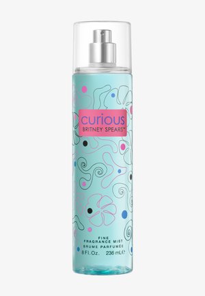 Lyseblå sprayflaske med Curious Britney Spears fin duftmist med abstrakte sorte, pink og blå blomstermønstre og slyngede designs, 236 ml.