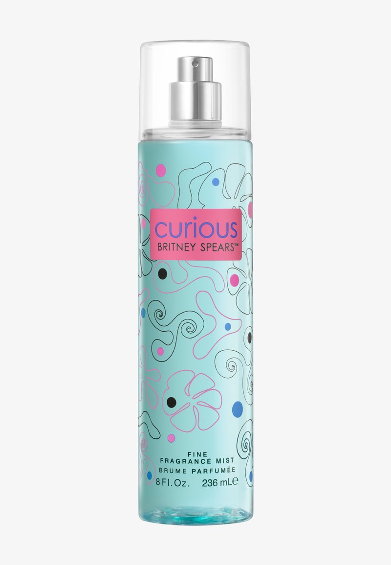 Vaporisateur bleu clair de brume parfumée fine Curious de Britney Spears avec des motifs floraux abstraits en noir, rose et bleu, 236 ml.