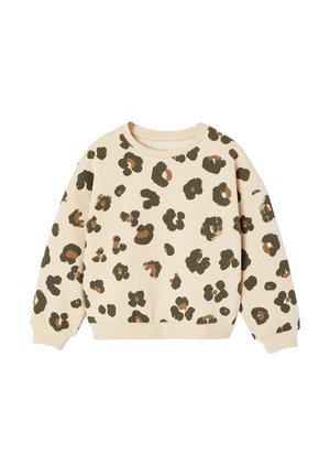 Beige langärmliges Sweatshirt mit braunem und dunkelgrünem Leopardenmuster, Rundhalsausschnitt sowie gerippten Bündchen und Saum.