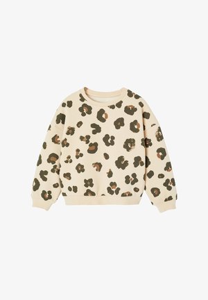 Beige langärmliges Sweatshirt mit braunem und dunkelgrünem Leopardenmuster, Rundhalsausschnitt sowie gerippten Bündchen und Saum.